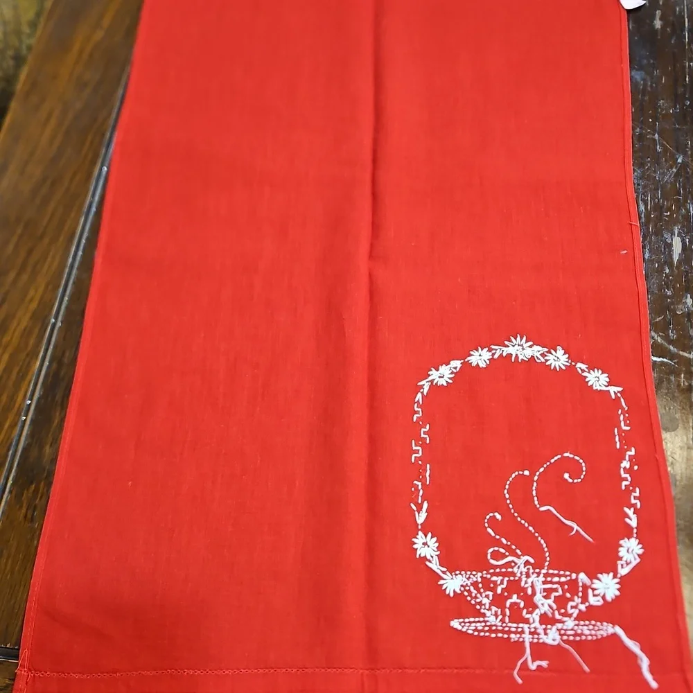 RED WHITE TEACUP HAND EMBROIDERED VINTAGE TEA‎ TOWELS SET 2